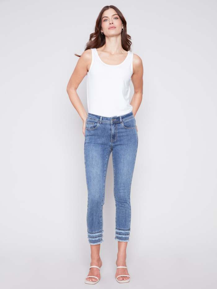 Frayed Hem Cropped Denim Pants - Medium Blue