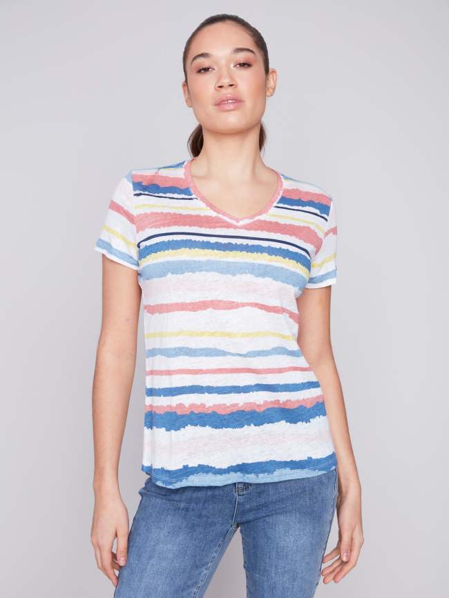Striped V-Neck Linen T-Shirt - Pastel