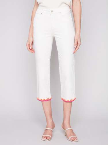 Straight Leg Jeans with Embroidered Stitch Hem - Natural