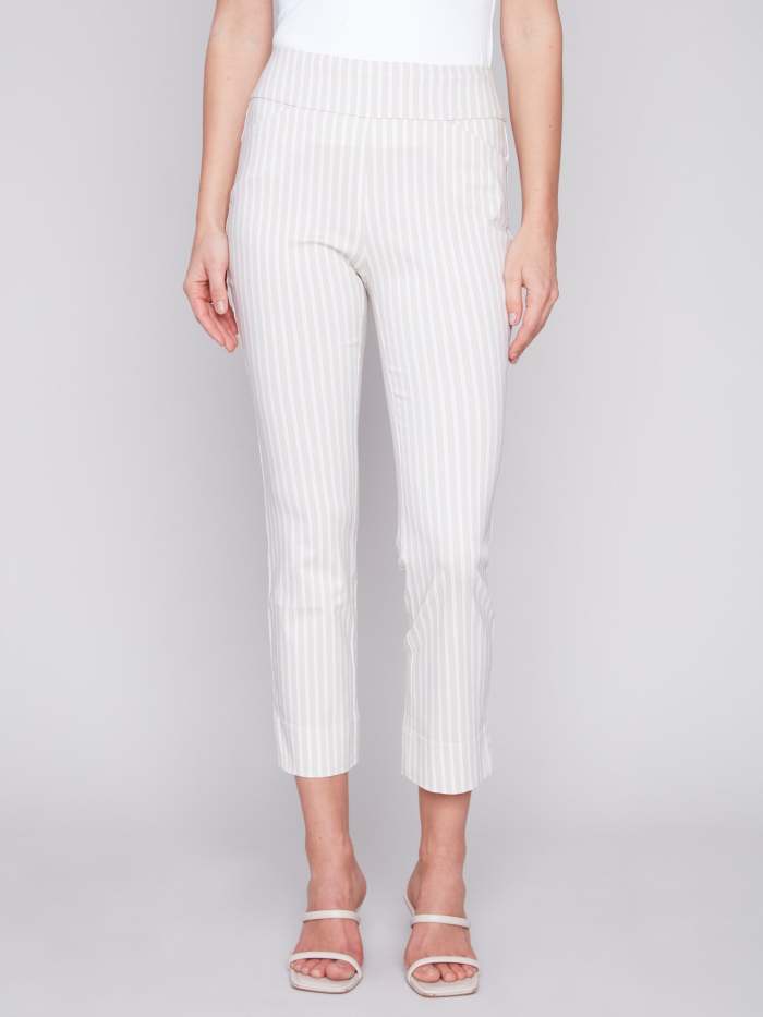 Printed Capri Pants with Hem Slit - Greige