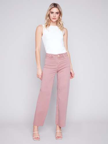 Wide Leg Twill Jeans with Raw Hem - Woodrose