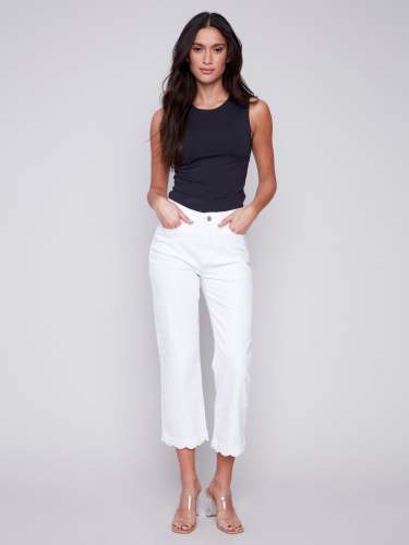 Straight Leg Twill Jeans with Scallop Hem - White