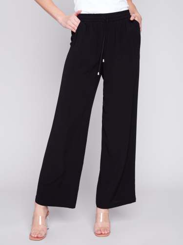 Wide Leg Pants with Drawstring - Black