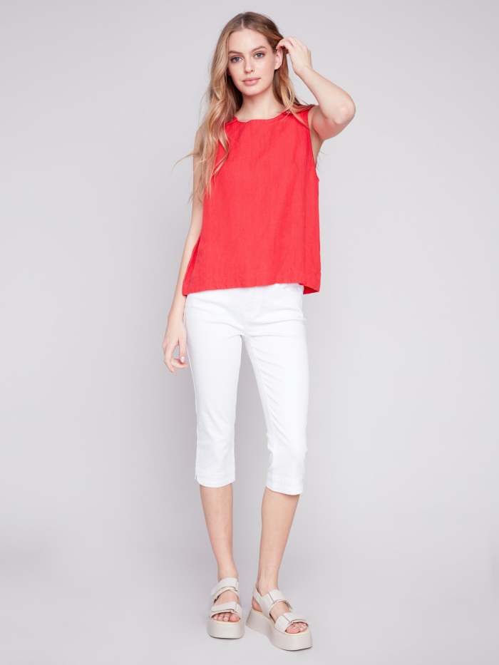 Sleeveless Linen Top with Button Detail - Cherry