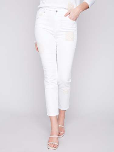 Jeans with Crochet Patch Details - White