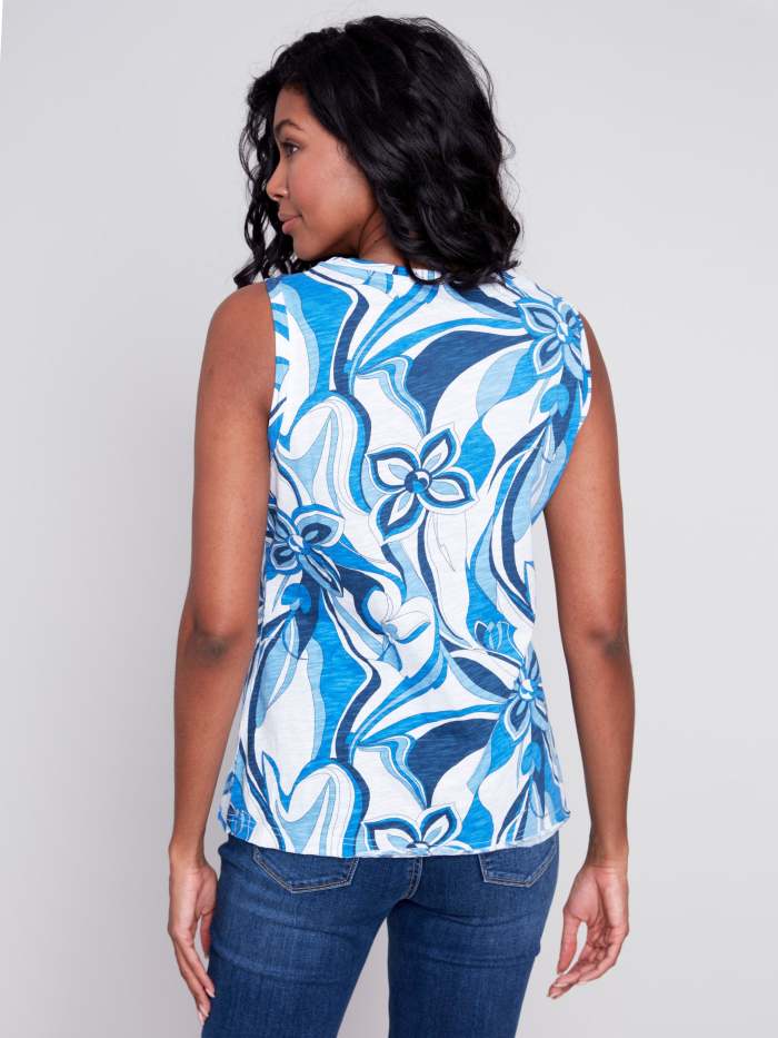 Printed Sleeveless Cotton Slub Knit Top - Sky
