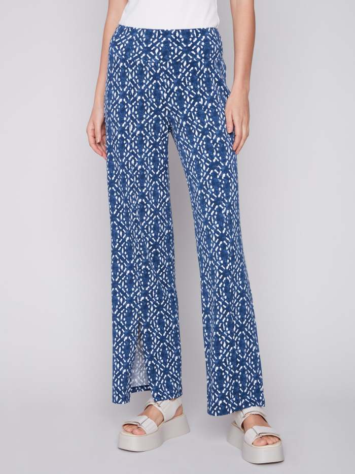 Printed Wide Leg Pants with Front Slits - Indigo