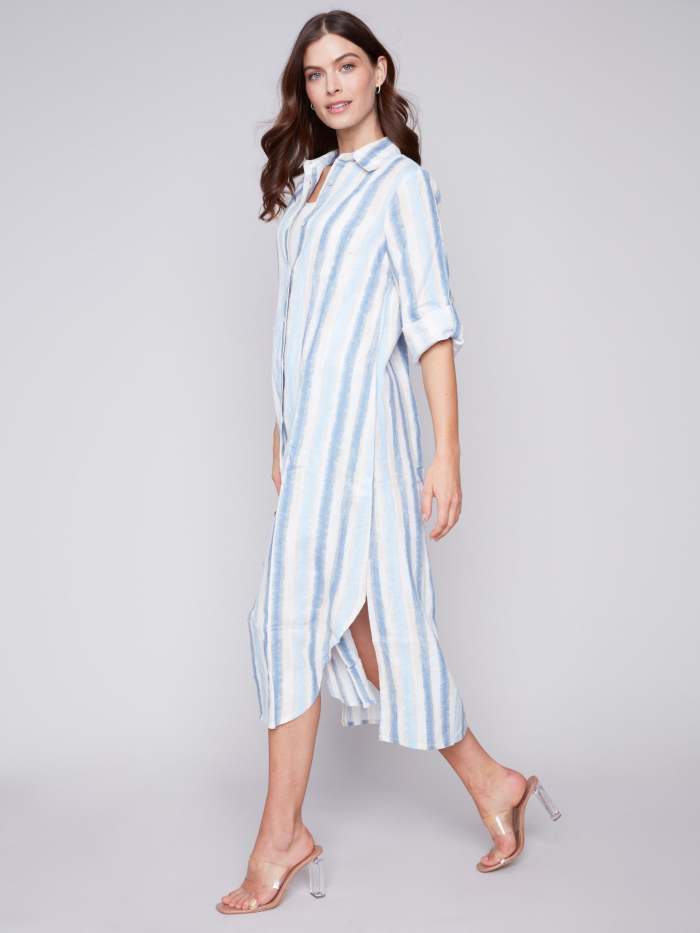 Striped Long Linen Tunic Dress - Nautical