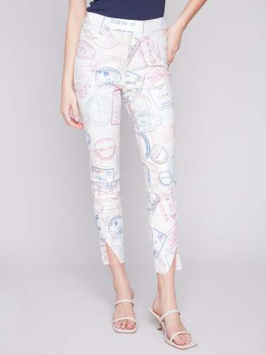 Printed Pull-On Twill Pants with Split Hem - Stamps