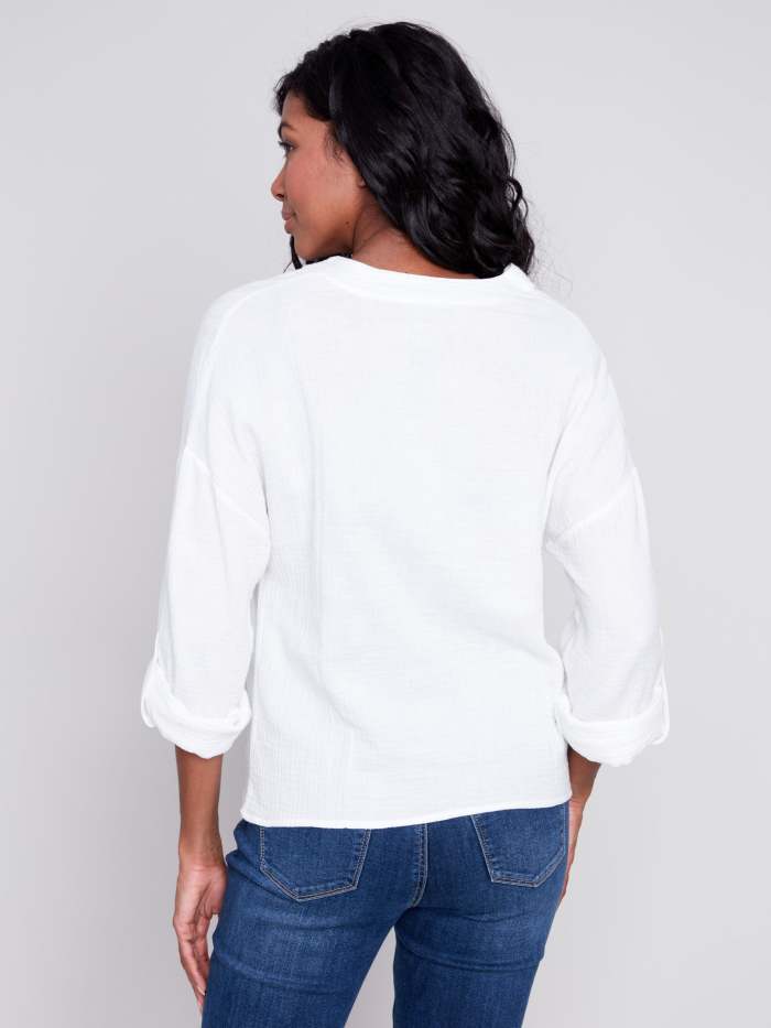 Bubble Cotton Blouse with Front Twist - White
