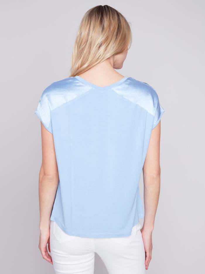 Satin V-Neck Knit Top - Sky