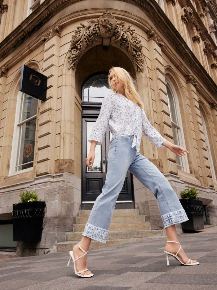 Embroidered Front Tie Cotton Blouse - Sky