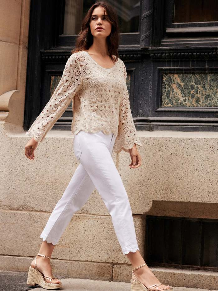 Straight Leg Twill Jeans with Scallop Hem - White