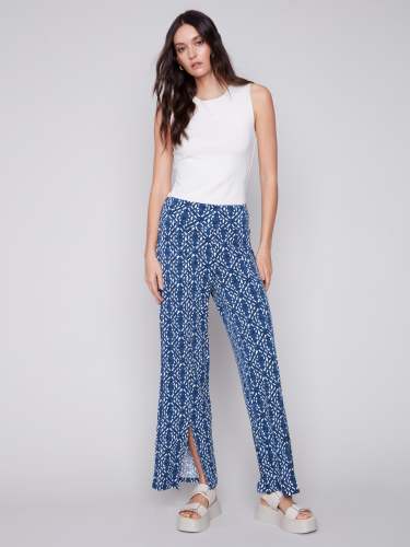 Printed Wide Leg Pants with Front Slits - Indigo