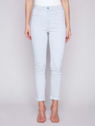 Printed Twill Pants with Hem Slit - Stripes