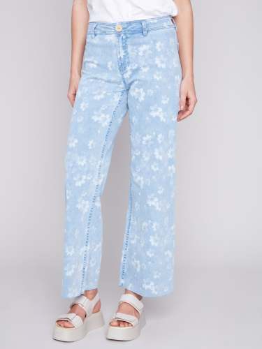 Printed Wide Leg Jeans with Raw Hem - Daisy Blue