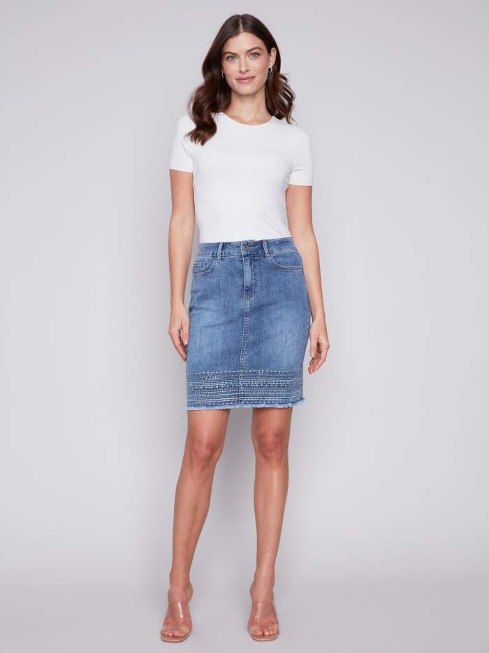 Embroidered Hem Denim Skort - Medium Blue