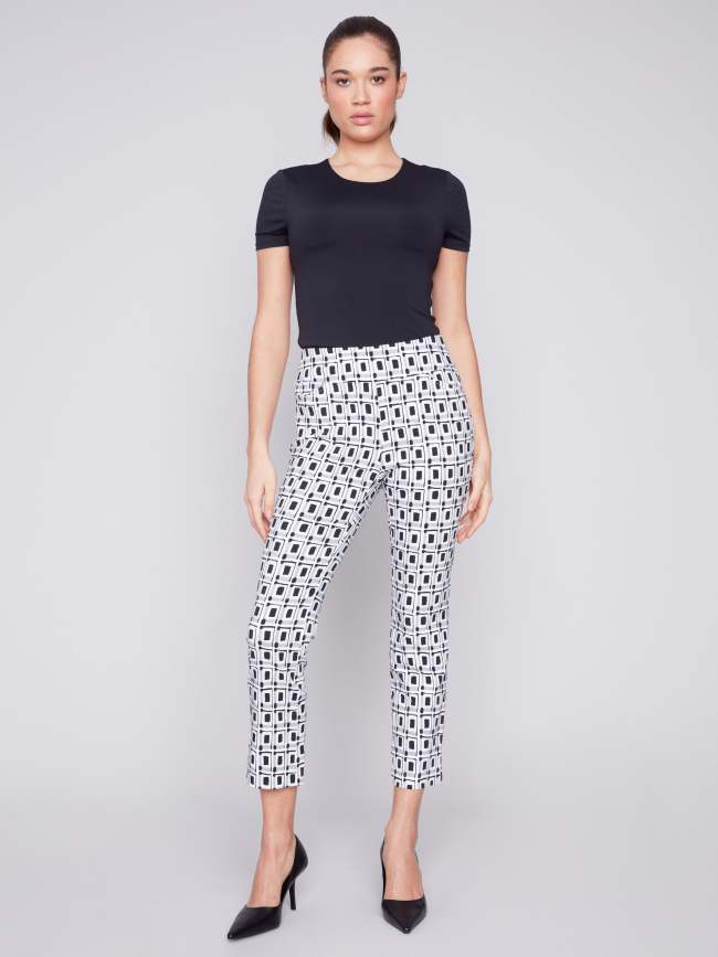 Printed Capri Pants with Hem Slit - Checker
