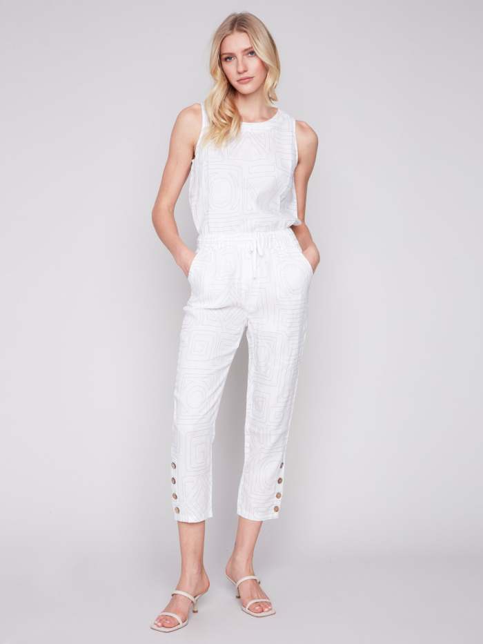 Linen Jogger Pants with Button Detail - Light Grey