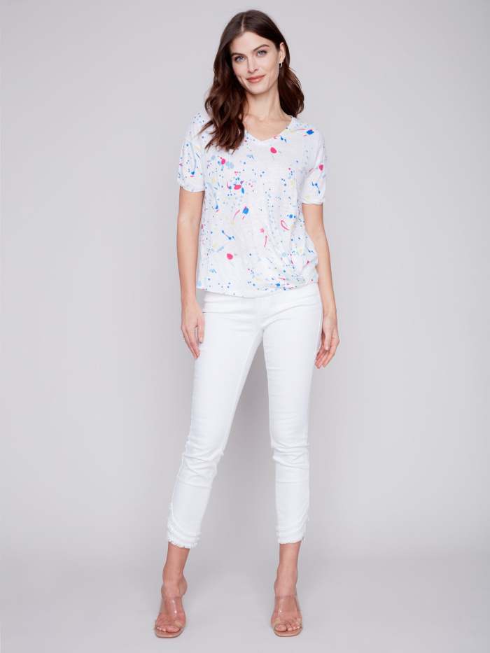 Printed Linen Top with Front Twist Knot - Splash