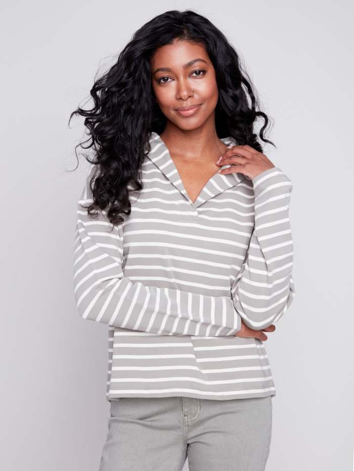 Striped V-Neck Top - Celadon