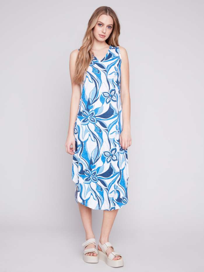 Printed Sleeveless Cotton Dress - Sky
