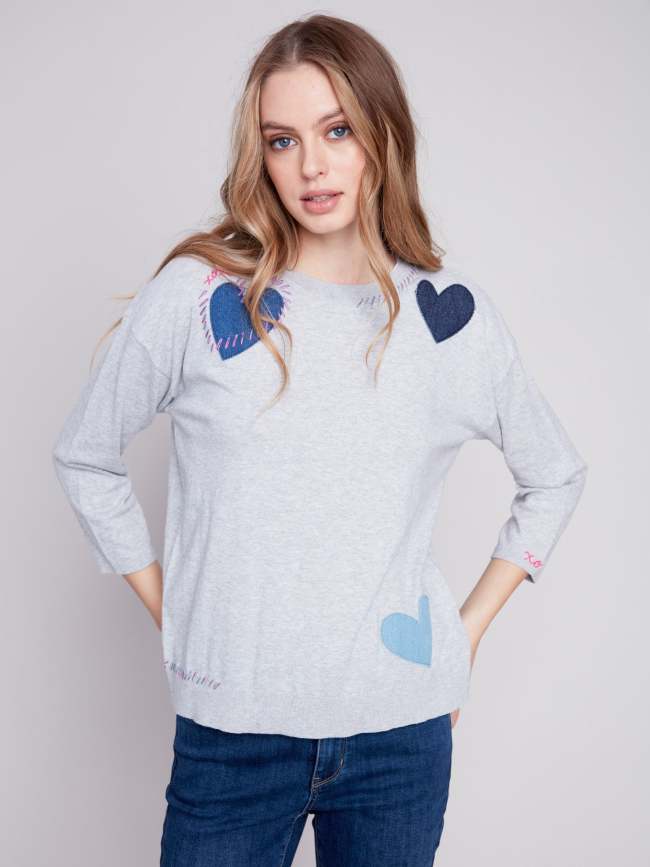 Cotton Sweater with Heart Patches - Grey