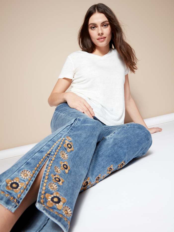 Embroidered Bootcut Jeans with Front Slits - Medium Blue
