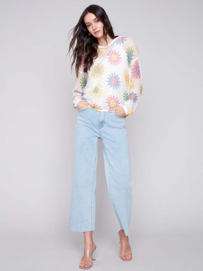 Printed Fishnet Crochet Hoodie Sweater - Daisies