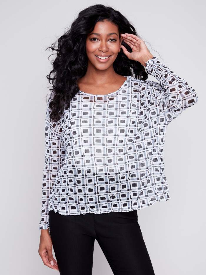 Printed Crinkle Mesh Top - Checker