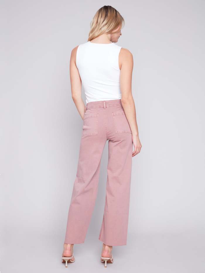 Wide Leg Twill Jeans with Raw Hem - Woodrose