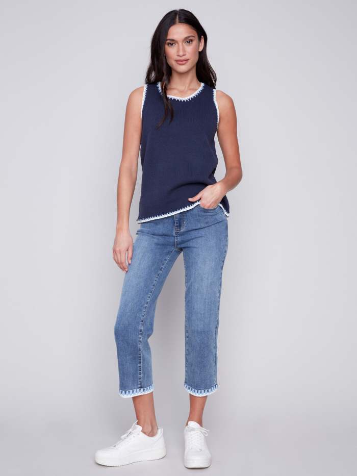 Sleeveless Knit Top with Crochet Detail - Navy