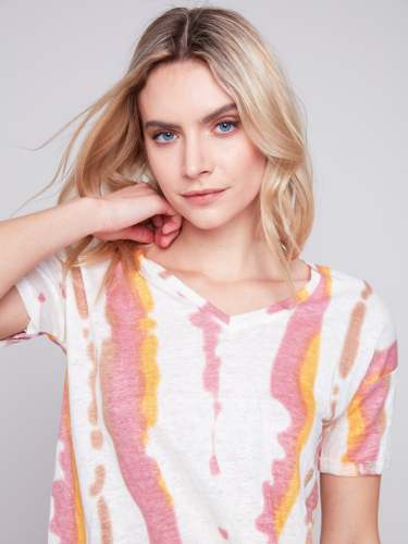 Printed Linen Top with Front Twist Knot - Natural