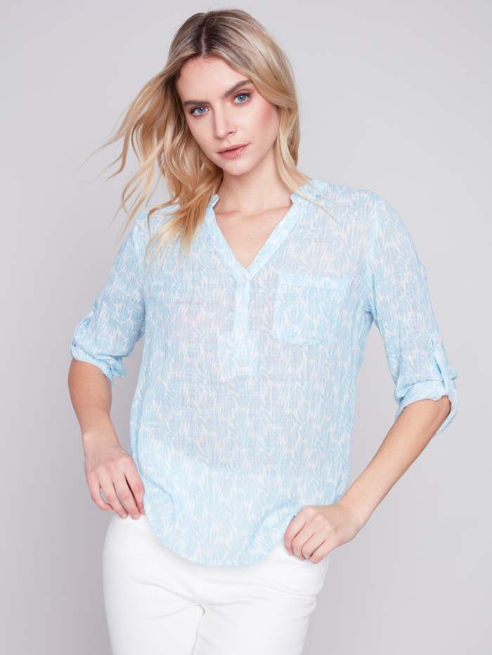 Printed Cotton Gauze Blouse - Sky