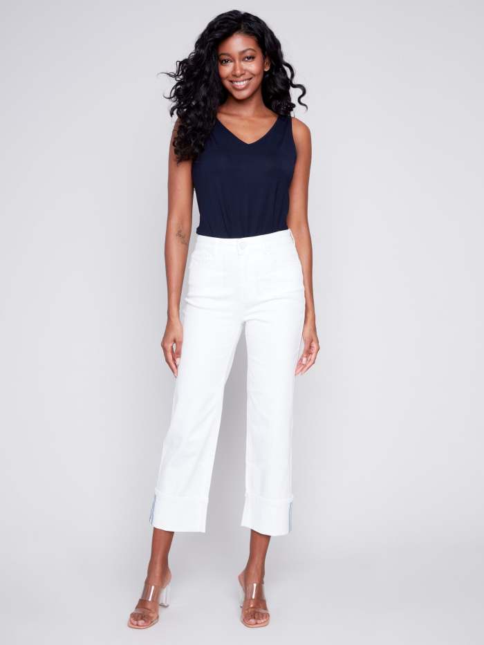 Straight Leg Jeans with Folded Cuff - White