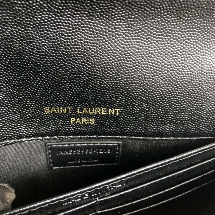 YSL CASSANDRE SAINT LAURENT MATELASSÉ ENVELOPE CHAIN WALLET IN GRAIN DE POUDRE EMBOSSED LEATHER