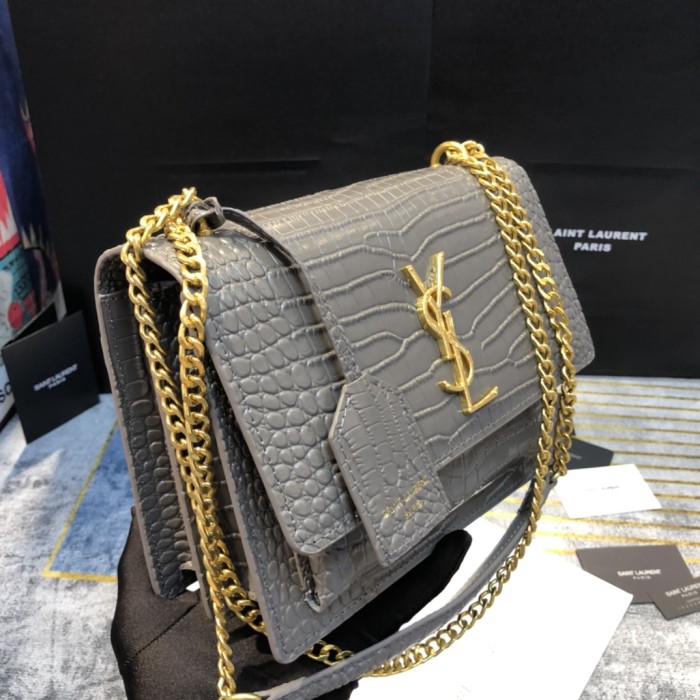 YSL SUNSET MEDIUM CHAIN BAG IN CROCODILE EMBOSSED SHINY LEATHER
