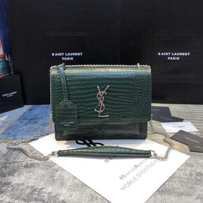 YSL SUNSET MEDIUM CHAIN BAG IN CROCODILE EMBOSSED SHINY LEATHER