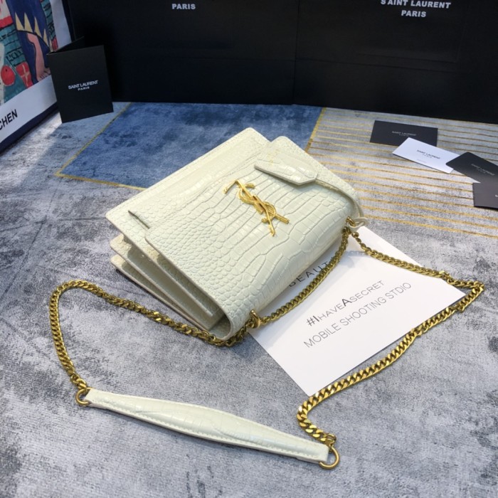 YSL SUNSET MEDIUM CHAIN BAG IN CROCODILE EMBOSSED SHINY LEATHER