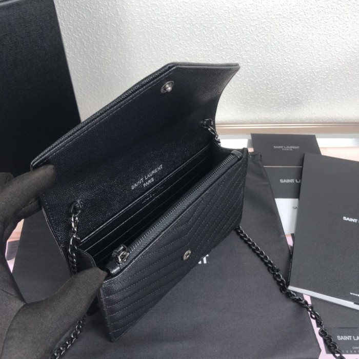 YSL CASSANDRE SAINT LAURENT MATELASSÉ ENVELOPE CHAIN WALLET IN GRAIN DE POUDRE EMBOSSED LEATHER