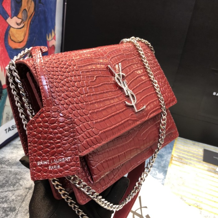 YSL SUNSET MEDIUM CHAIN BAG IN CROCODILE EMBOSSED SHINY LEATHER