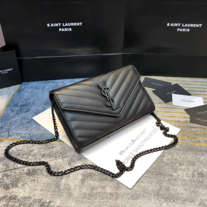 YSL CASSANDRE SAINT LAURENT MATELASSÉ CHAIN WALLET IN GRAIN DE POUDRE EMBOSSED LEATHER