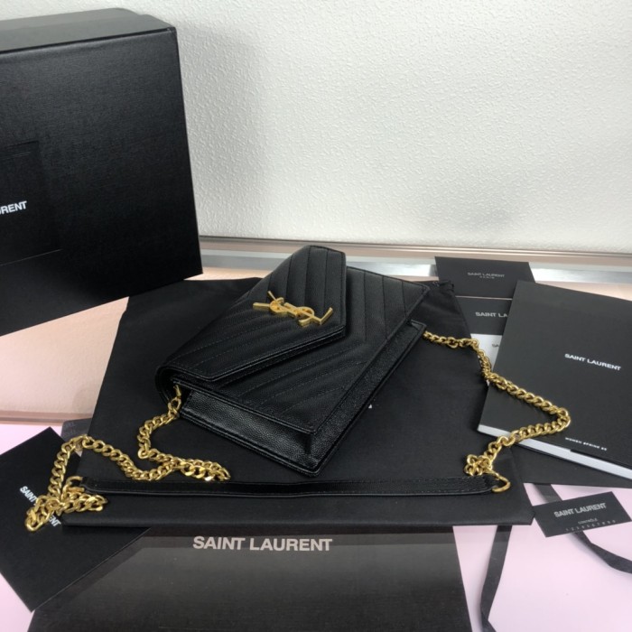 YSL CASSANDRE SAINT LAURENT MATELASSÉ ENVELOPE CHAIN WALLET IN GRAIN DE POUDRE EMBOSSED LEATHER