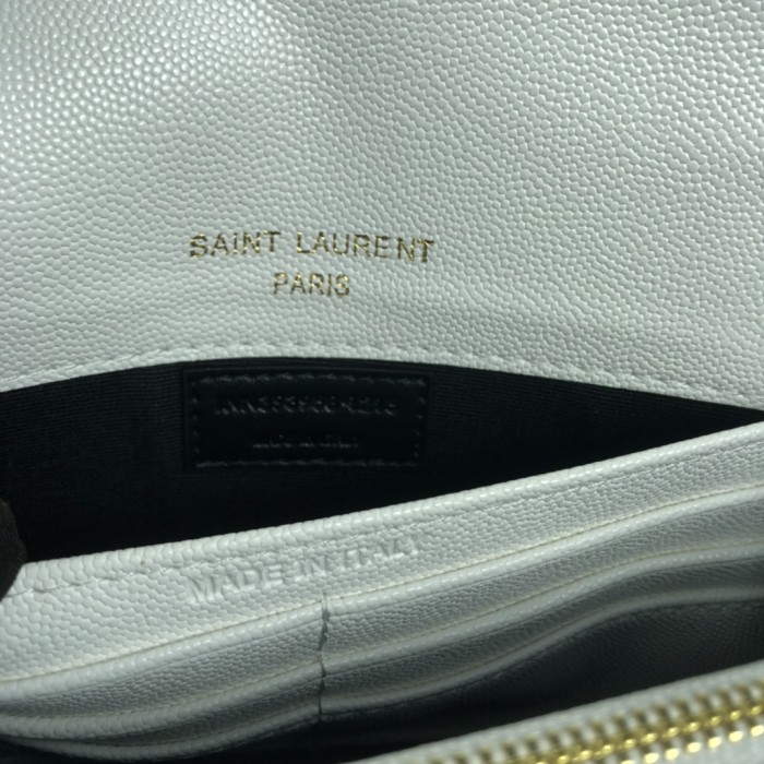 YSL CASSANDRE SAINT LAURENT MATELASSÉ ENVELOPE CHAIN WALLET IN GRAIN DE POUDRE EMBOSSED LEATHER