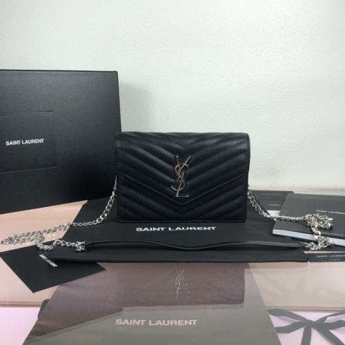 YSL CASSANDRE SAINT LAURENT MATELASSÉ ENVELOPE CHAIN WALLET IN GRAIN DE POUDRE EMBOSSED LEATHER