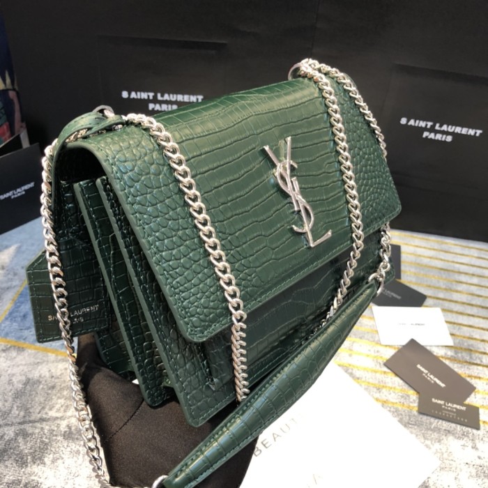YSL SUNSET MEDIUM CHAIN BAG IN CROCODILE EMBOSSED SHINY LEATHER