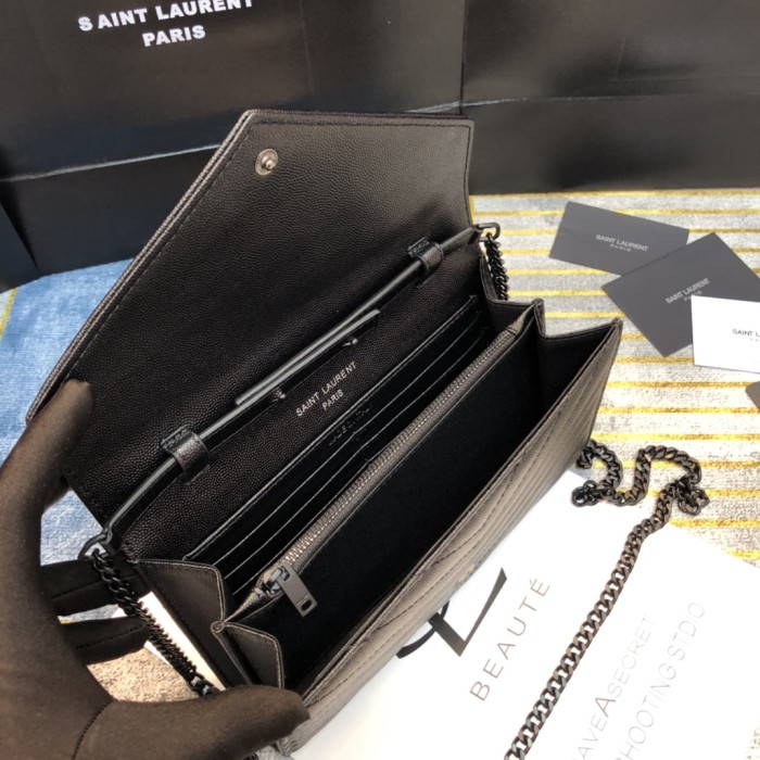 YSL CASSANDRE SAINT LAURENT MATELASSÉ CHAIN WALLET IN GRAIN DE POUDRE EMBOSSED LEATHER