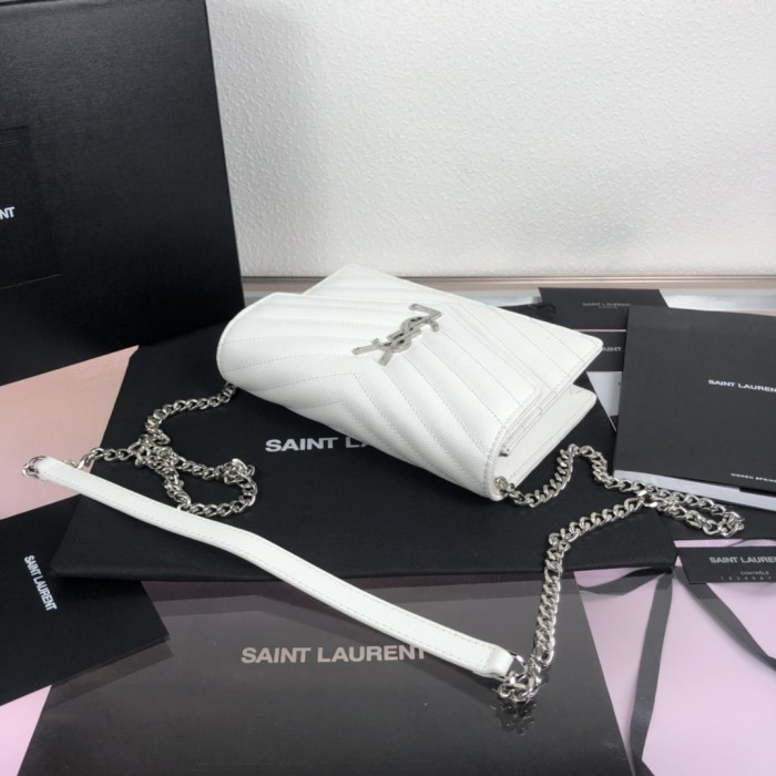 YSL CASSANDRE SAINT LAURENT MATELASSÉ ENVELOPE CHAIN WALLET IN GRAIN DE POUDRE EMBOSSED LEATHER