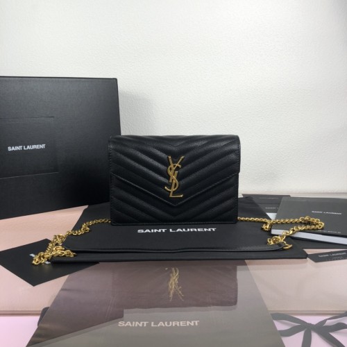 YSL CASSANDRE SAINT LAURENT MATELASSÉ ENVELOPE CHAIN WALLET IN GRAIN DE POUDRE EMBOSSED LEATHER