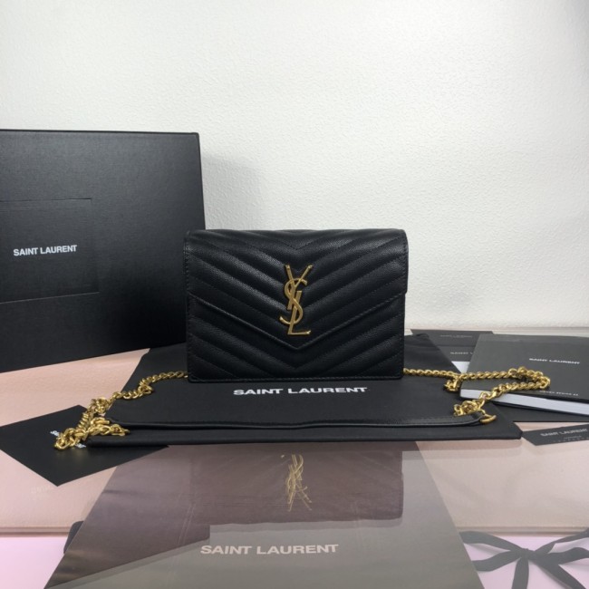 YSL CASSANDRE SAINT LAURENT MATELASSÉ ENVELOPE CHAIN WALLET IN GRAIN DE POUDRE EMBOSSED LEATHER